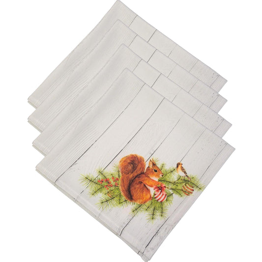 Charlo's Cloth Napkins Set of 4 Christmas Squirrel 16" by 16" - Grey