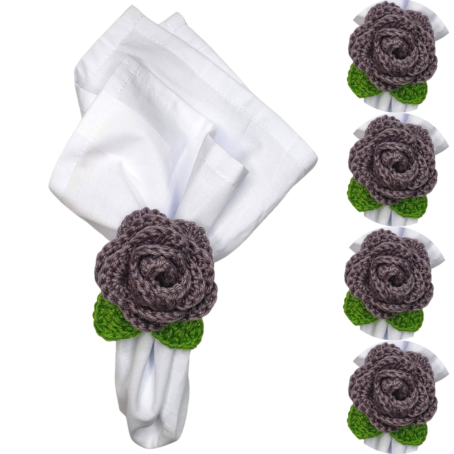 Charlo's Set of 4 Grey Crochet Rosebud Napkin Rings, High Quality Products, handmade, gifts,