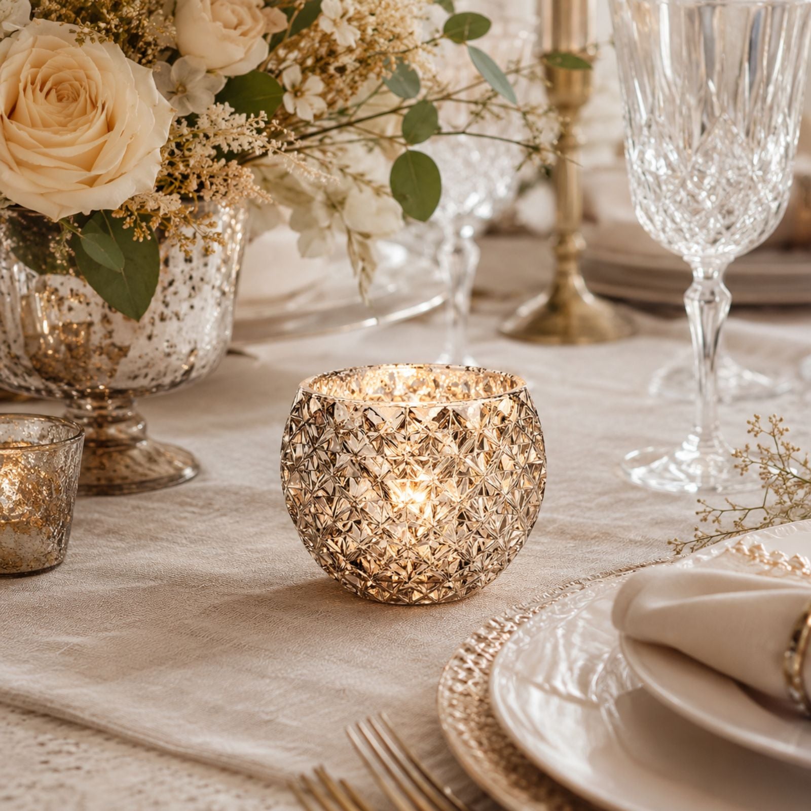 Champagne Silver Glass Candle Holder – Round Decorative Votive 3.15 in dia 2.36