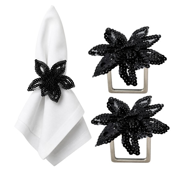 Maison Charlo Set of 2 Black Star Flower Sequin Napkin Rings
