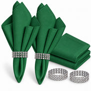 Maison Charlo Set of 4 Green Basic Cloth Napkins 16 × 16 in with Silver Stretchable Napkin Rings