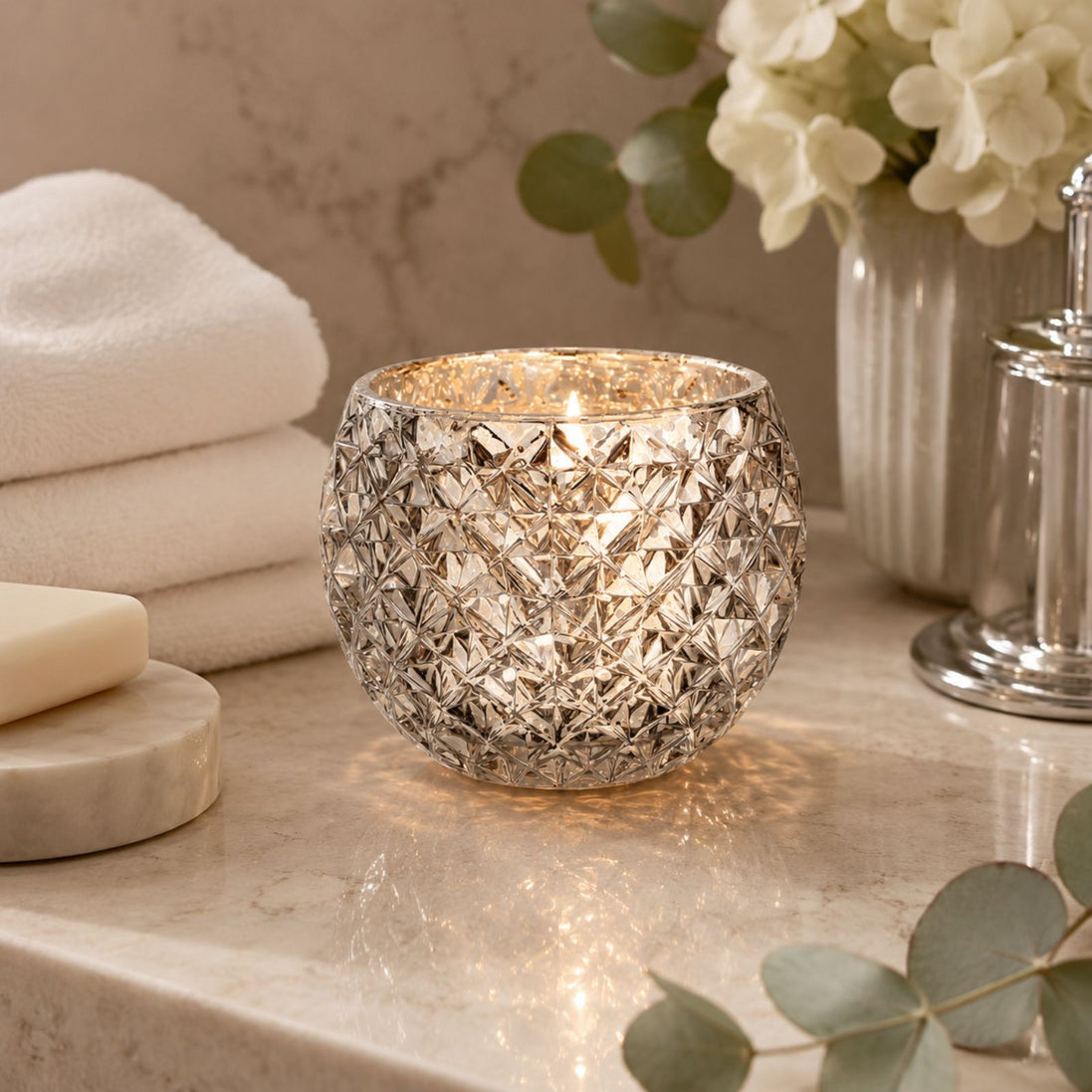 Champagne Silver Glass Candle Holder – Round Decorative Votive 3.15 in dia 2.36"h