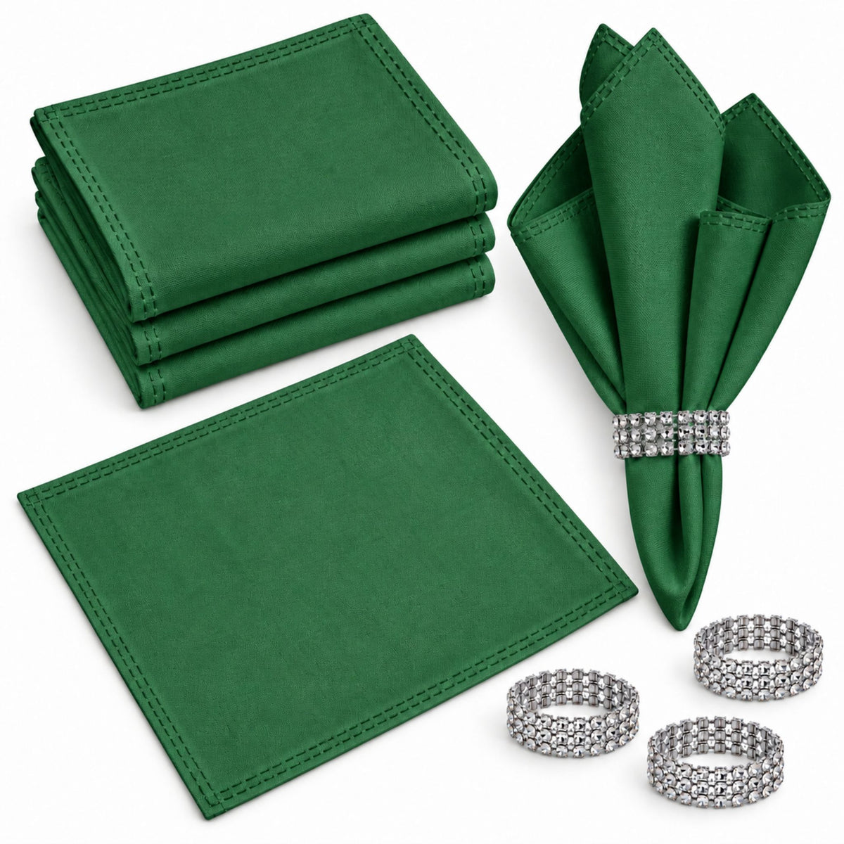 Maison Charlo Set of 4 Green Basic Cloth Napkins 16 × 16 in with Silver Stretchable Napkin Rings