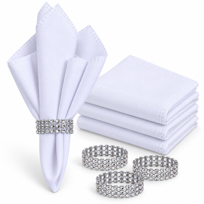 Maison Charlo Set of 4 White Basic Cloth Napkins 16 × 16 in with Silver Stretchable Napkin Rings