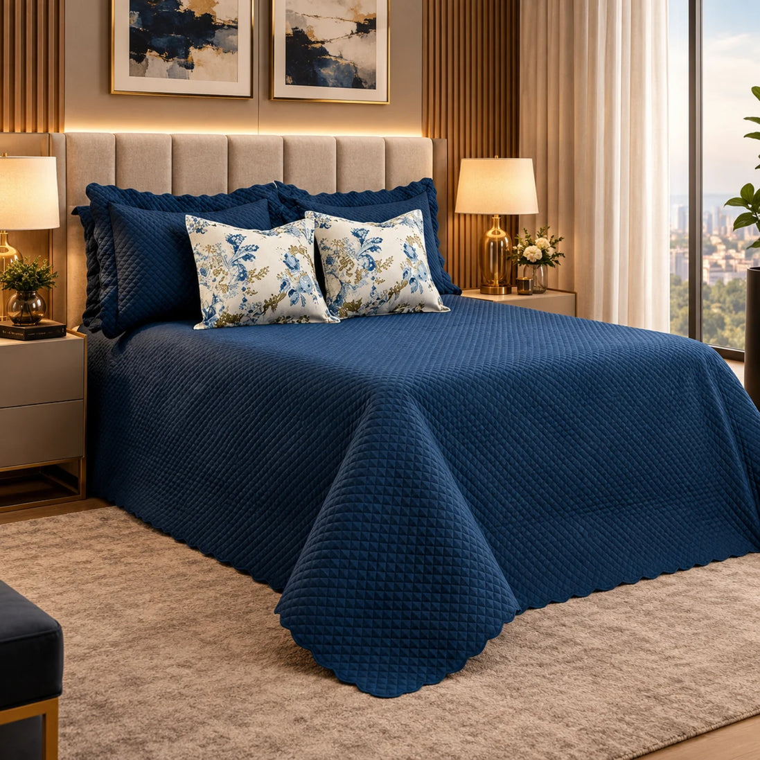 Maison Charlo Soft Florence Reversible Queen Bedspread Set – Blue – 5 Pieces