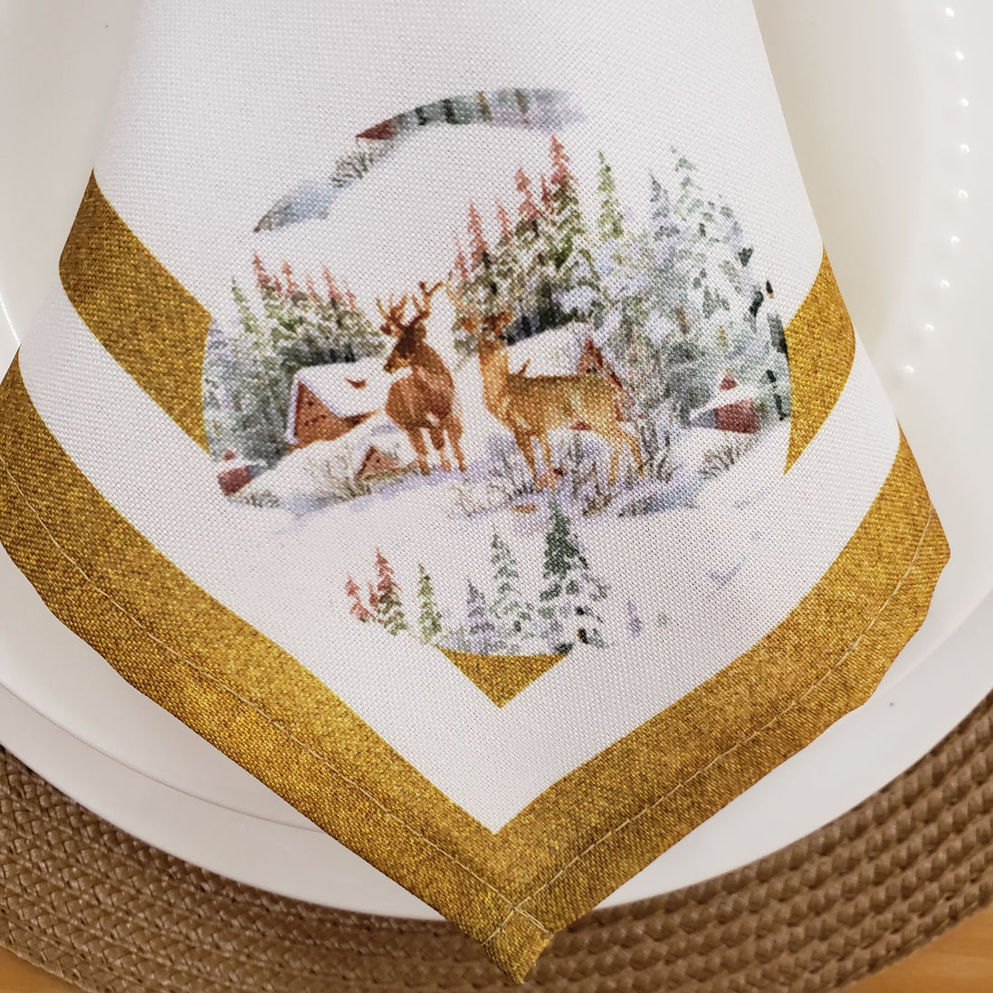 Guardanapos de Pano Charlo Conjunto com 4, Renas de Natal 40x40cm - Dourado