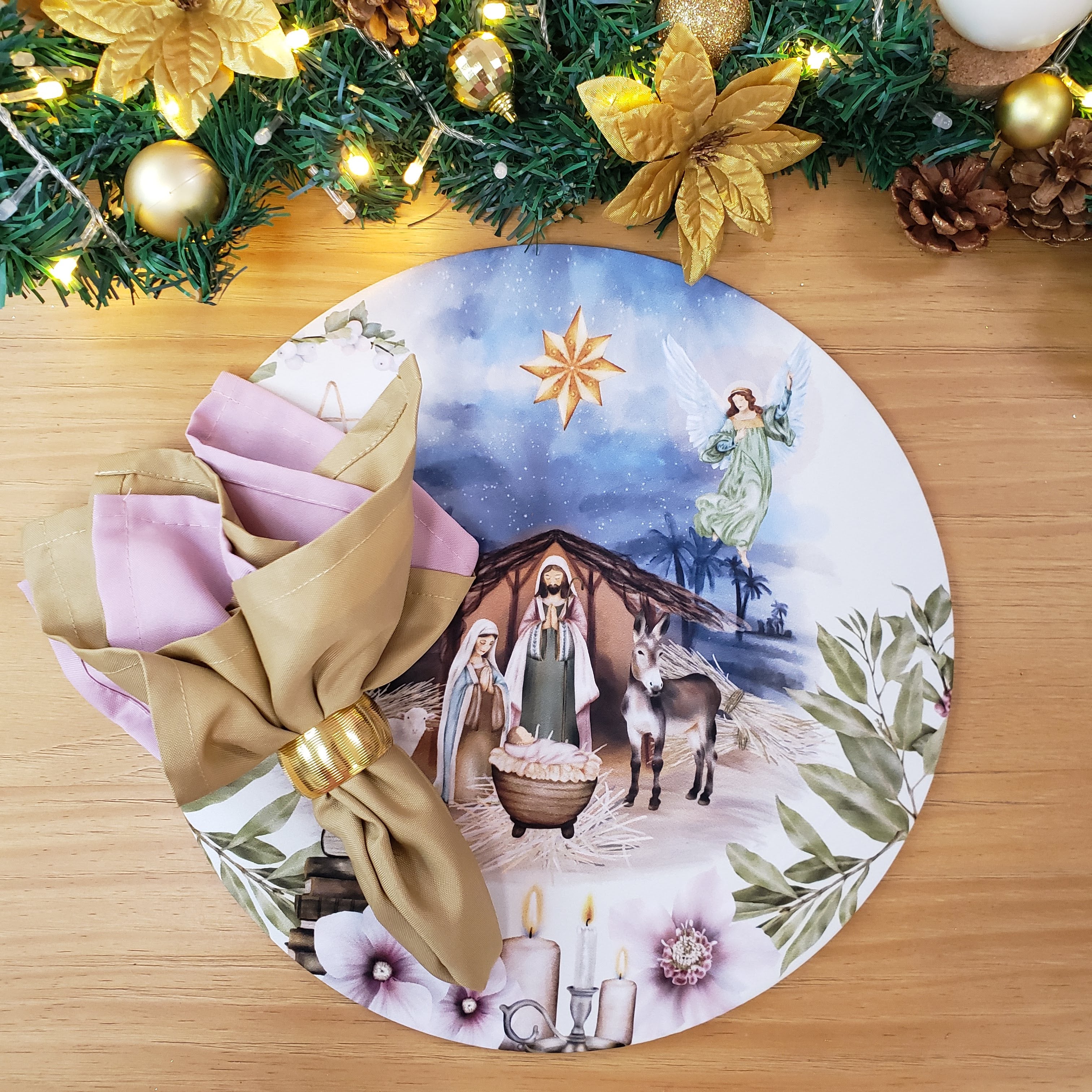Set of 4 Round Placemats Covers Christmas Night Cloth 14