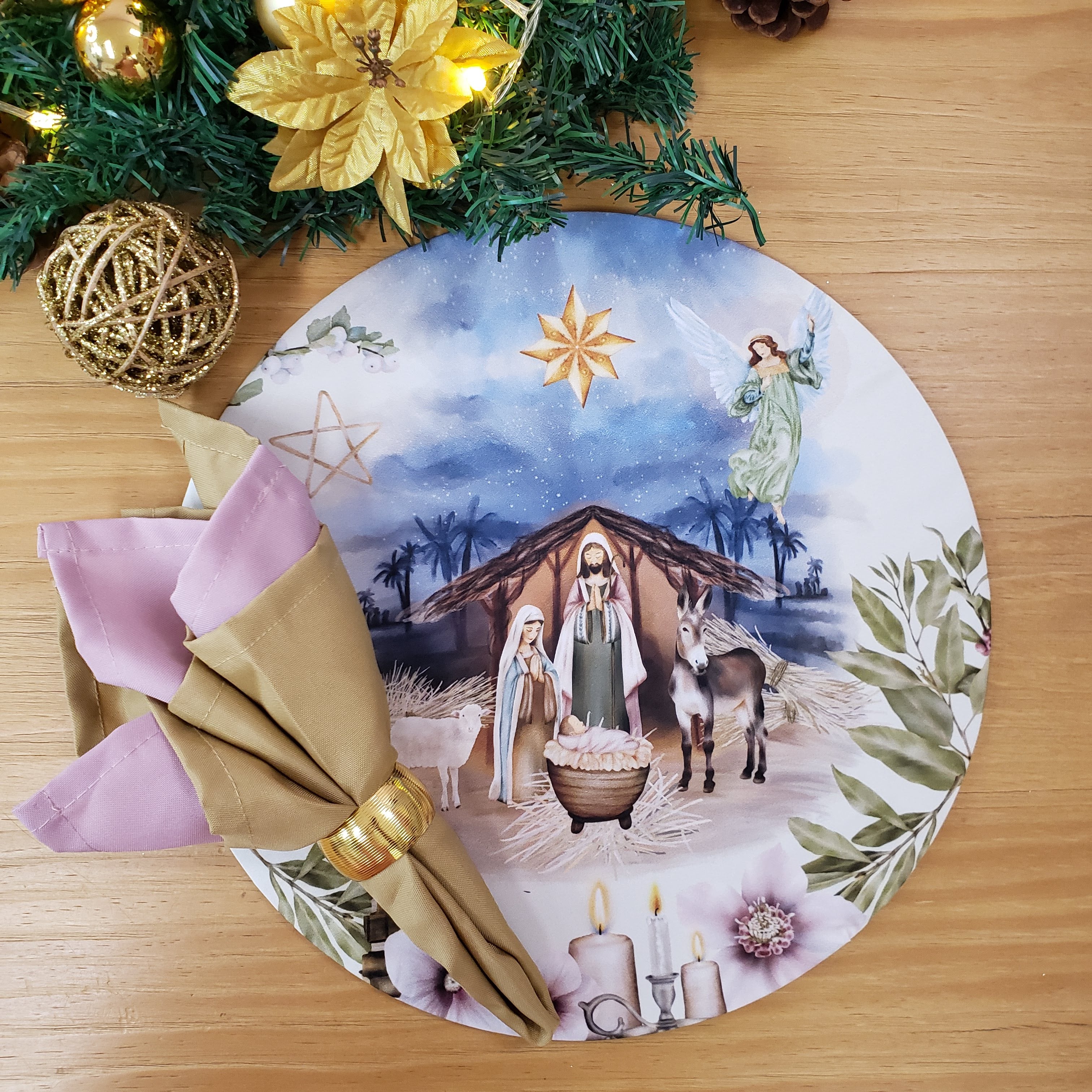Set of 4 Round Placemats Covers Christmas Night Cloth 14