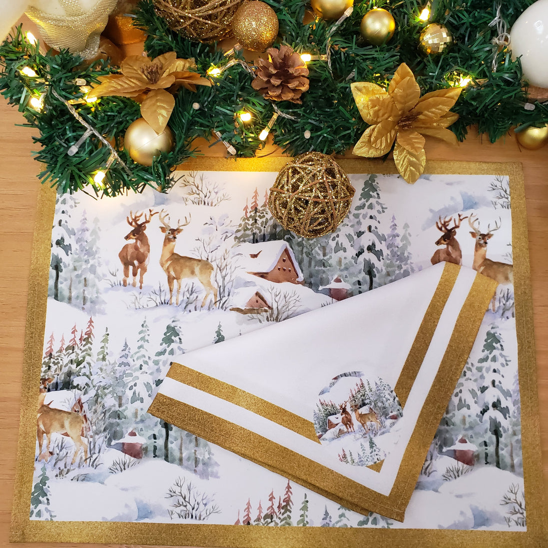 Guardanapos de Pano Charlo Conjunto com 4, Renas de Natal 40x40cm - Dourado
