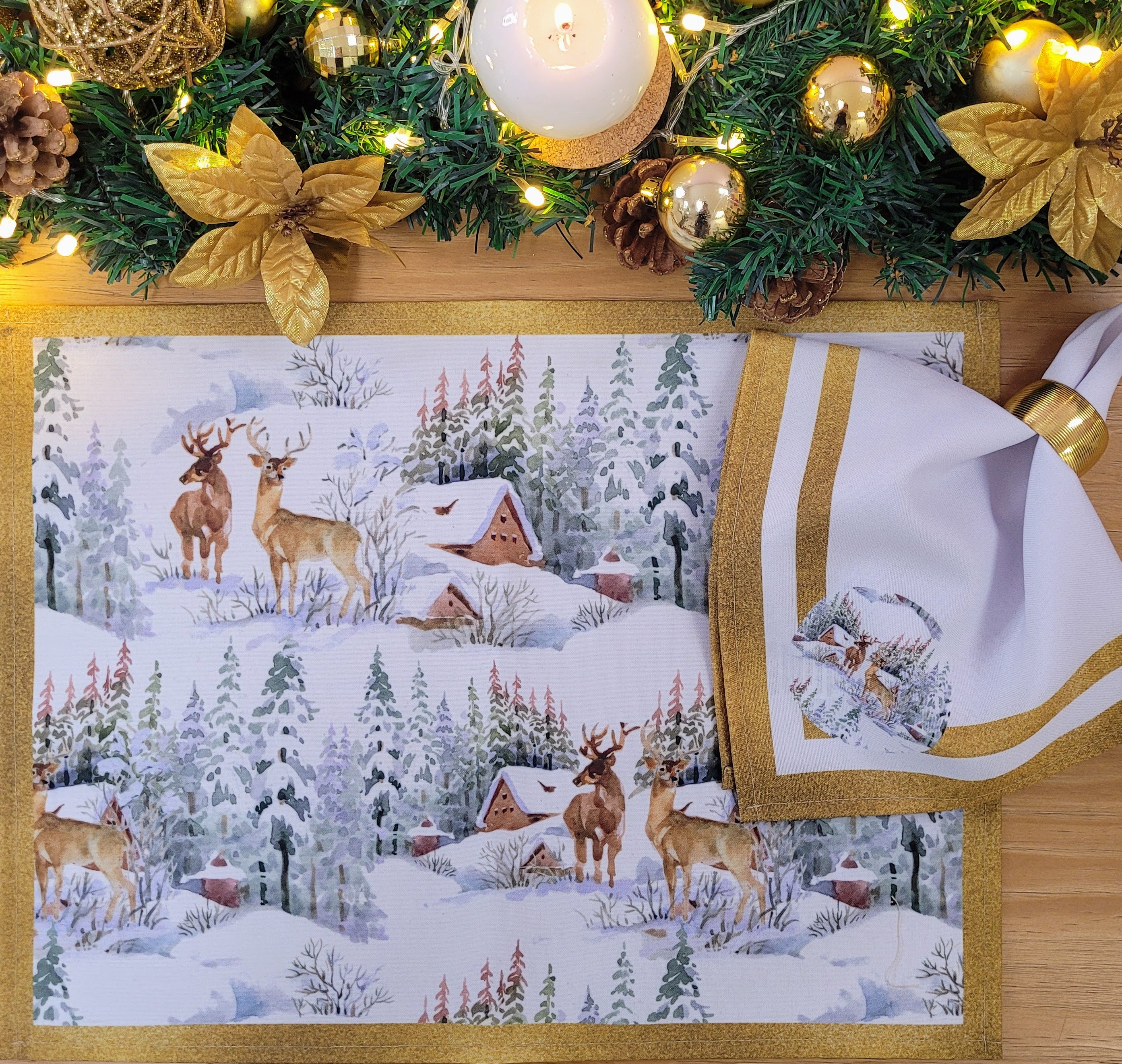 Set of 4 Placemats Christmas Reindeer Cloth Waterproof 17