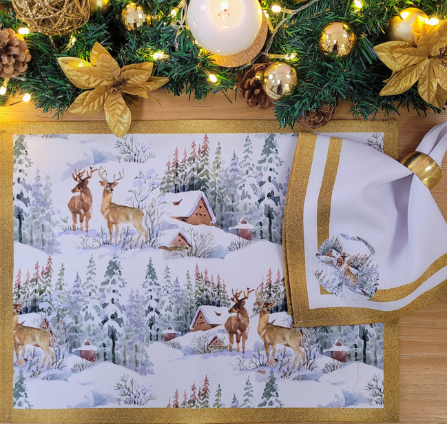 Set of 4 Placemats Christmas Reindeer Cloth Waterproof 17" by 13"  - Gold
