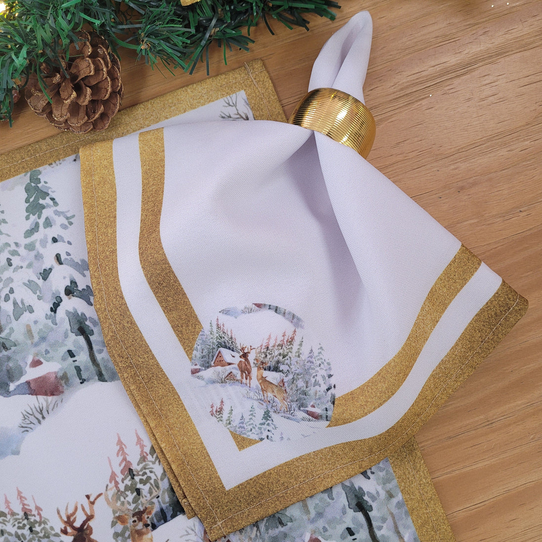 Guardanapos de Pano Charlo Conjunto com 4, Renas de Natal 40x40cm - Dourado