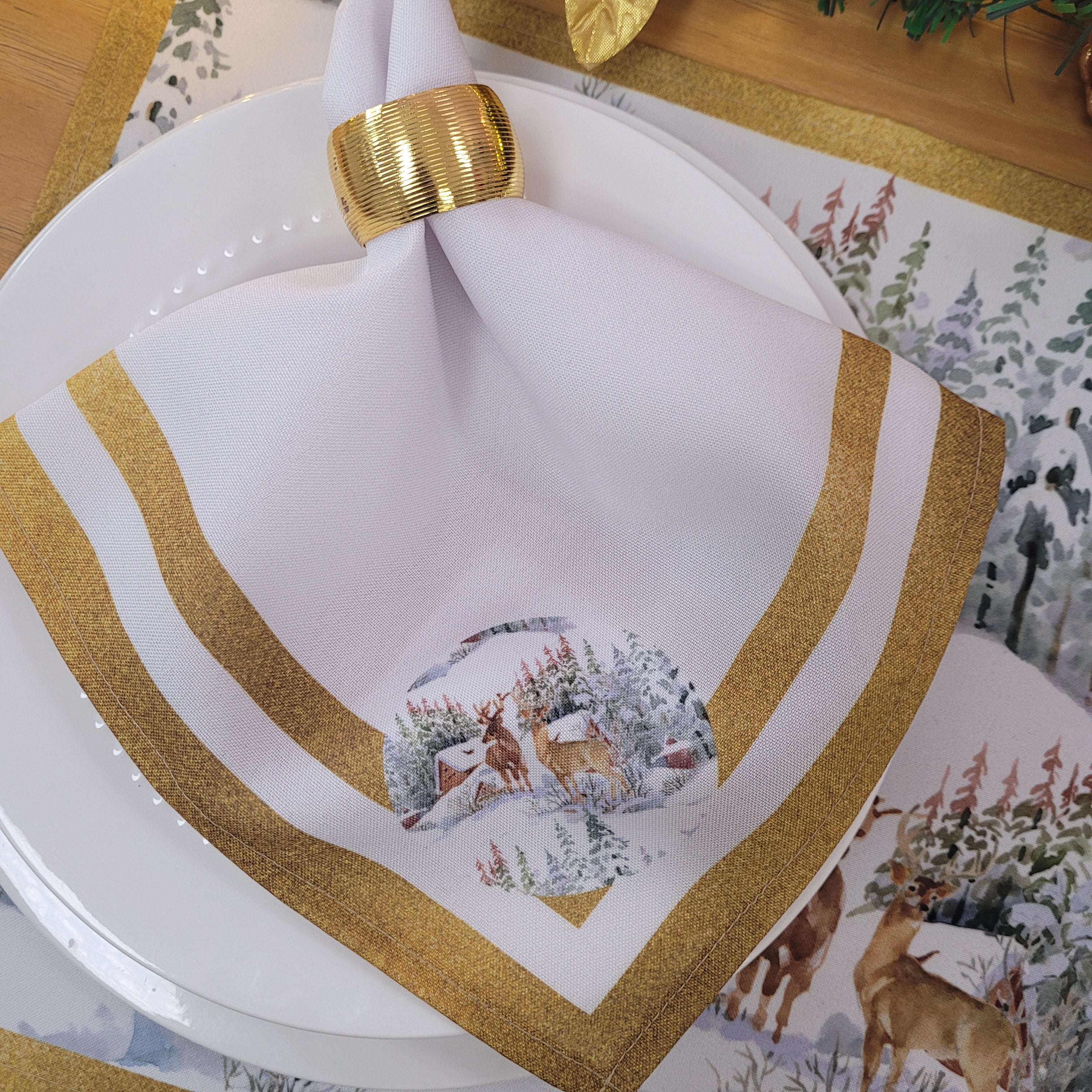 Guardanapos de Pano Charlo Conjunto com 4, Renas de Natal 40x40cm - Dourado