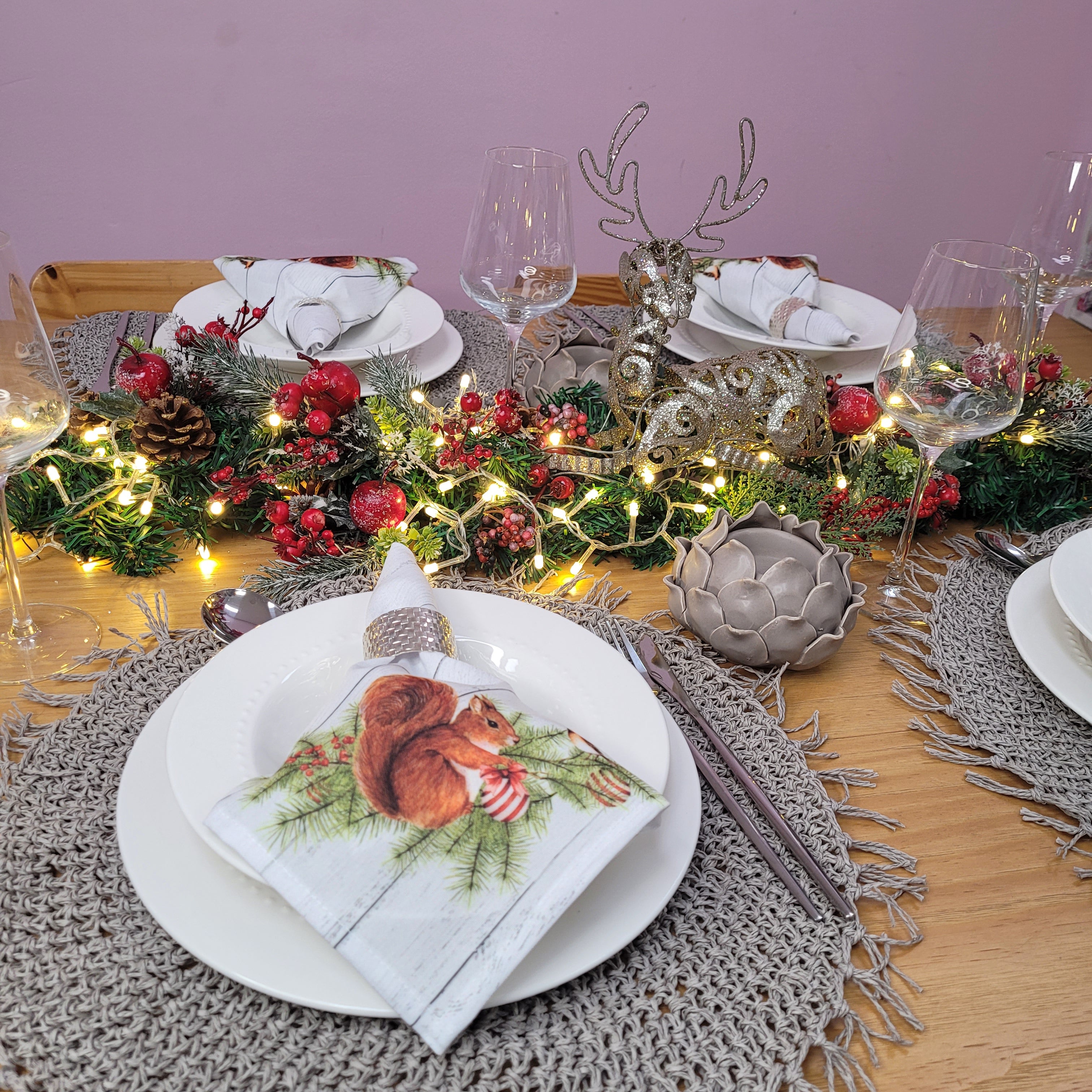 Charlo's Cloth Napkins Set of 4 Christmas Squirrel 16