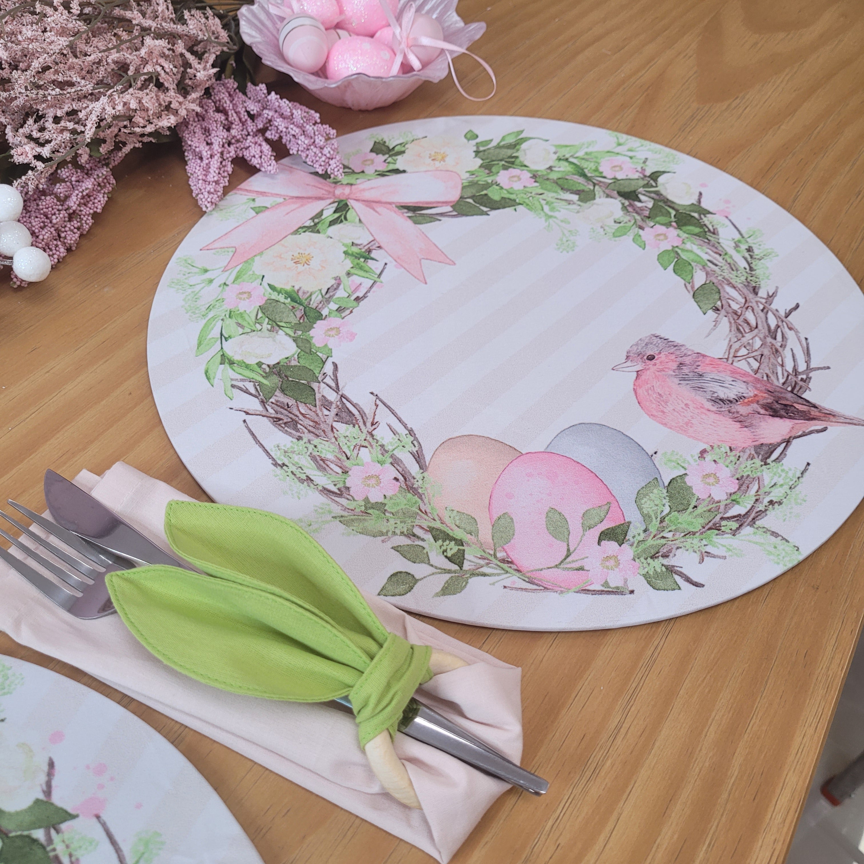 Set of 4 Easter Striped Bird Rose Covers for Round Placemats 14