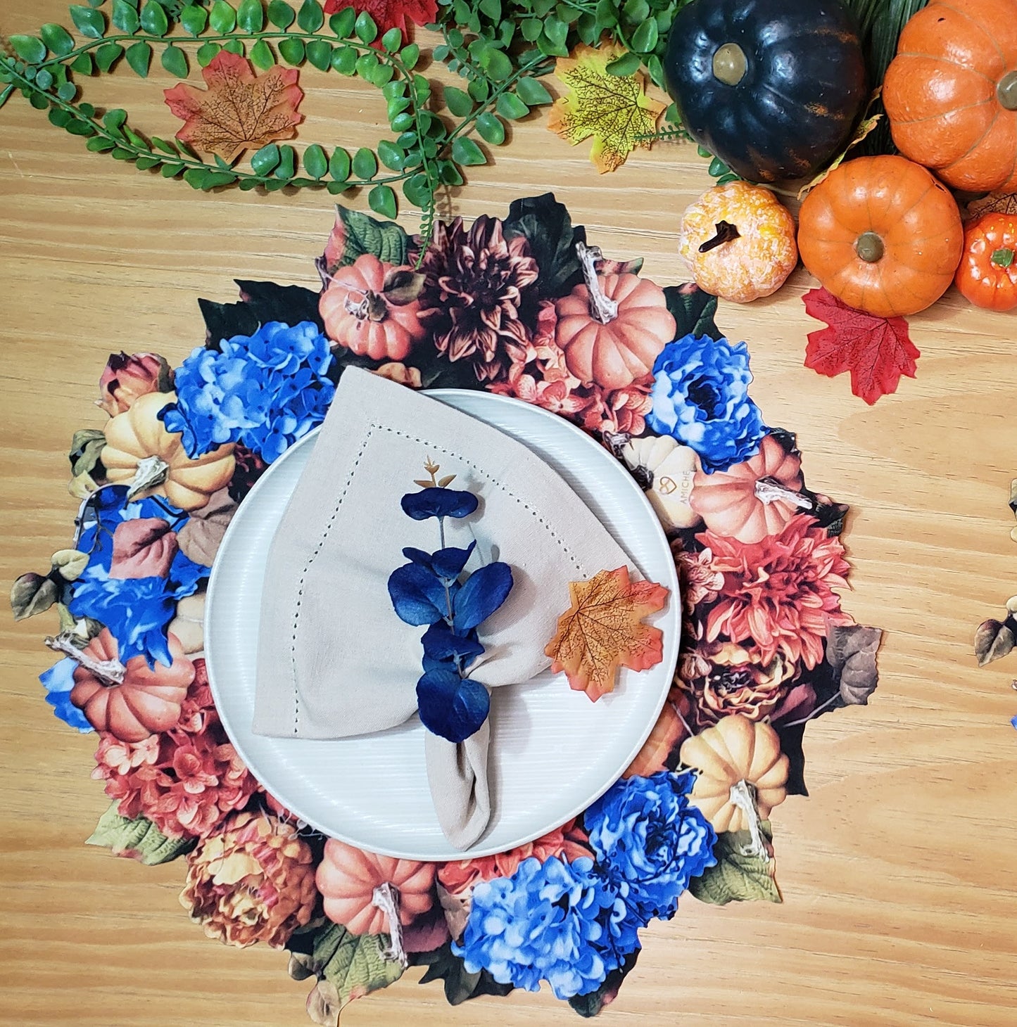 Maison Charlô - Set of 4 Waterproof Placemats Thanksgiving Pumpkin Wreath