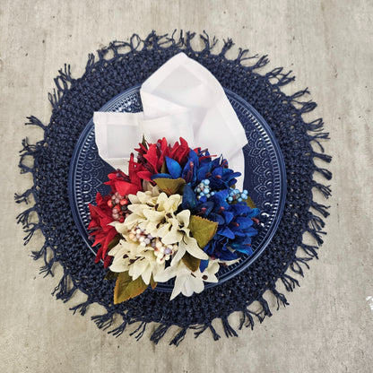 Charlo's Set of 4 Blue Navy Folk Sustainable Rustic Chic Round Placemats 16" x 16"