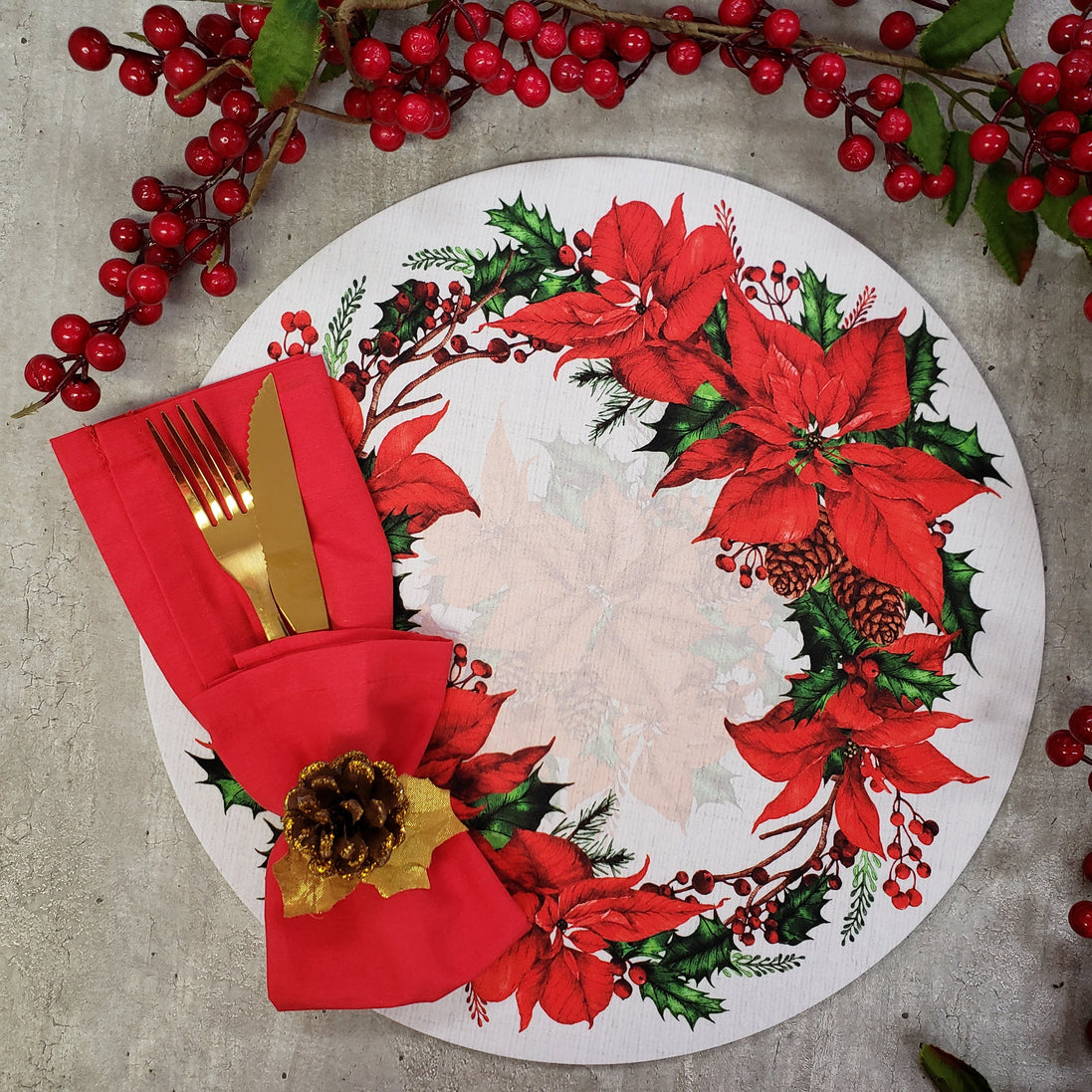 Conjunto de 4 capas de lugar-americano redondas de pano com flores de Natal 35,5 cm diâmetro | Cinza
