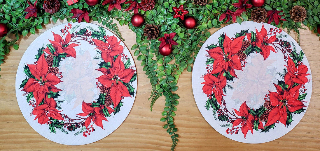 Conjunto de 4 capas de lugar-americano redondas de pano com flores de Natal 35,5 cm diâmetro | Cinza