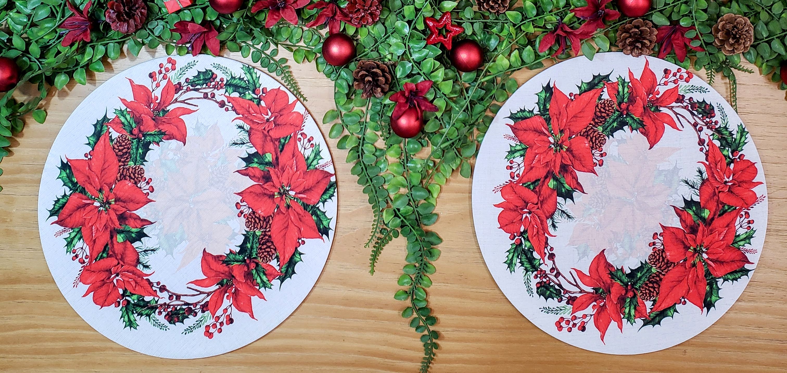 Conjunto de 4 capas de lugar-americano redondas de pano com flores de Natal 35,5 cm diâmetro | Cinza