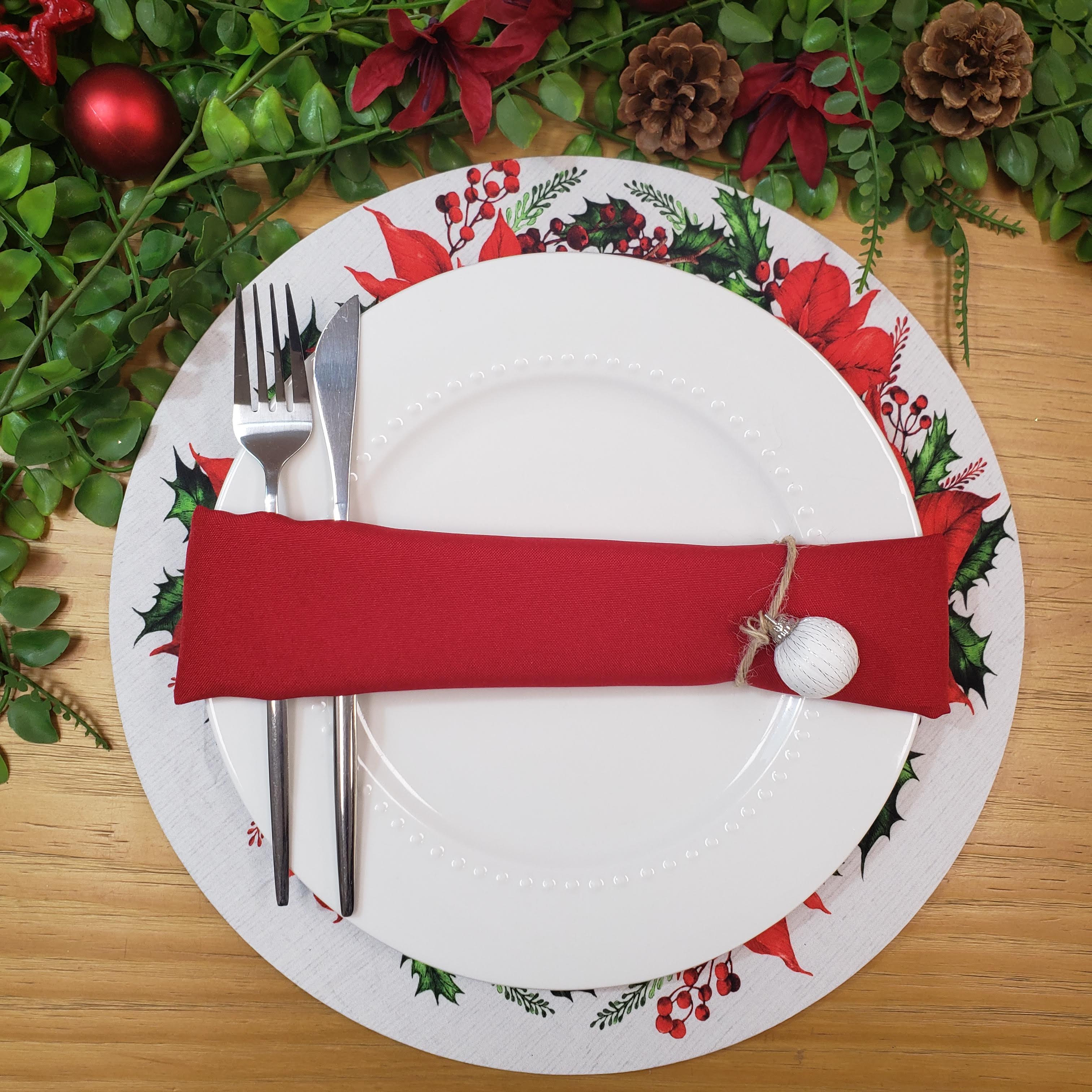 Conjunto de 4 capas de lugar-americano redondas de pano com flores de Natal 35,5 cm diâmetro | Cinza