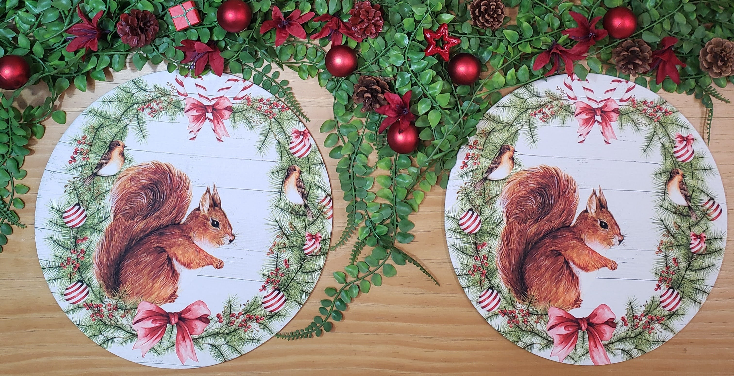 Conjunto de 4 capas de lugar-americano redondas Pano de Esquilo de Natal 35,5 cm diâmetro | Vermelho