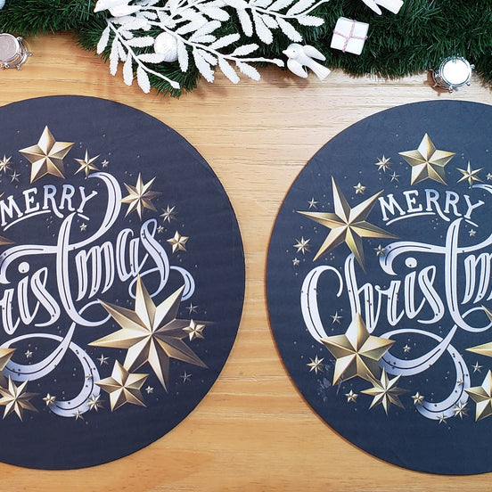 Set of 4 Round Placemats Covers Merry Christmas Cloth 14" Dia