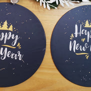 Conjunto de 4 capas de lugar-americano redondas, Natal, Feliz Ano Novo, pano 35,5 cm de diâmetro | Preto