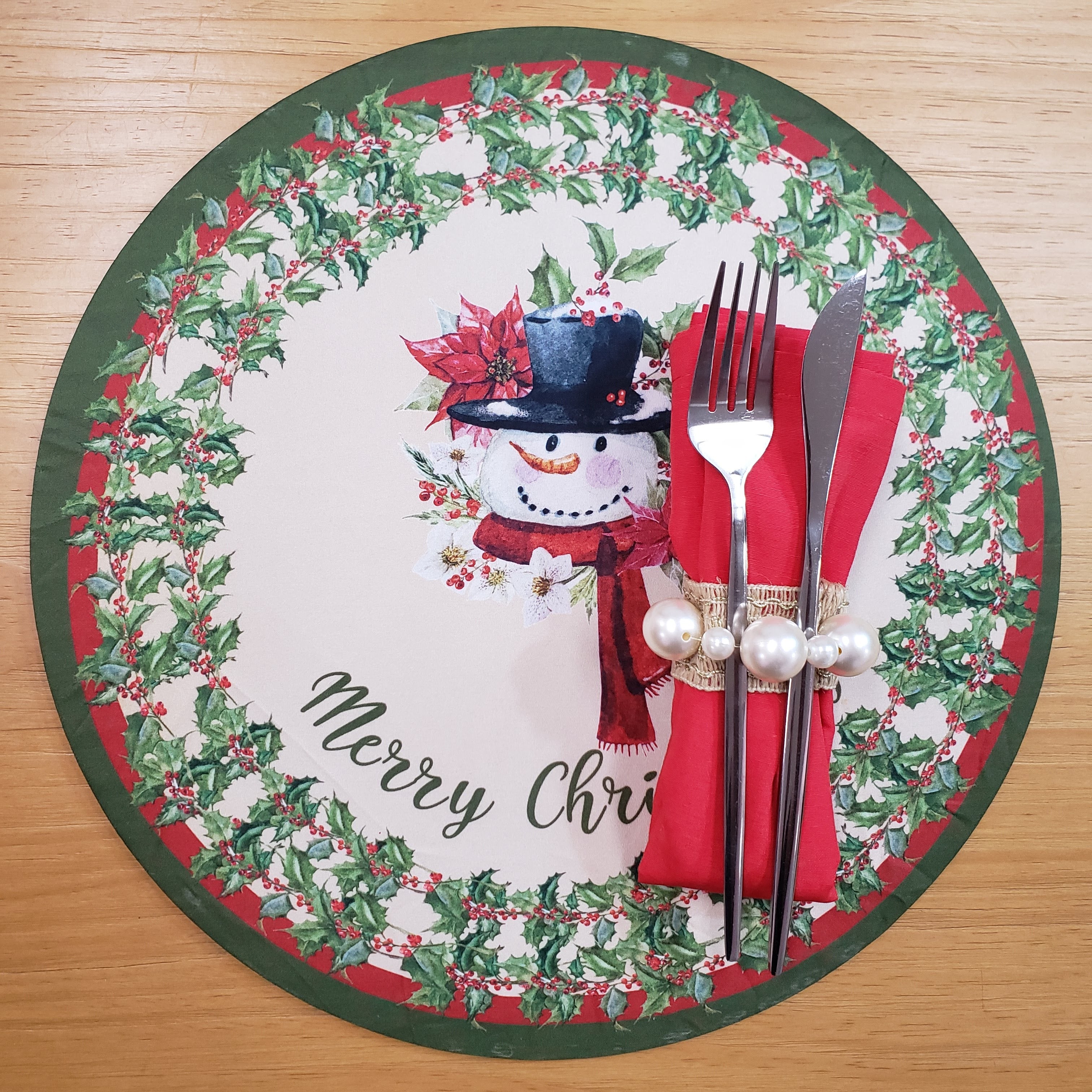 Set of 4 Round Placemats Covers Christmas Snowman Cloth 14