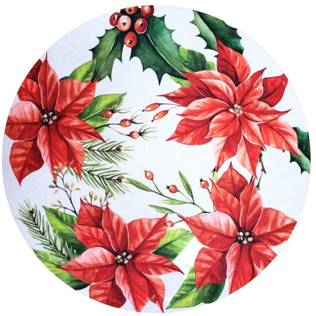 Set of 4 Round Placemats Covers Red Christmas Flower 14" Dia Synthetic | Red