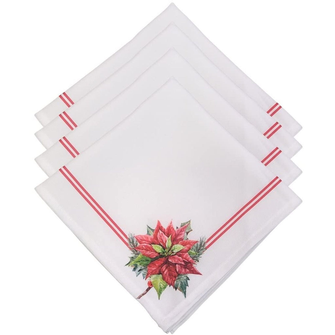 Charlo's Cloth Napkins Set of 4 White Corner Christmas Flower 16" by 16"
