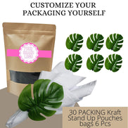 Wholesale Box of 30 PACK Green Monstera Leaf Napkin Rings with 6 Pcs (Kraft Stand Up Pouches) for store, bakery, market, winery