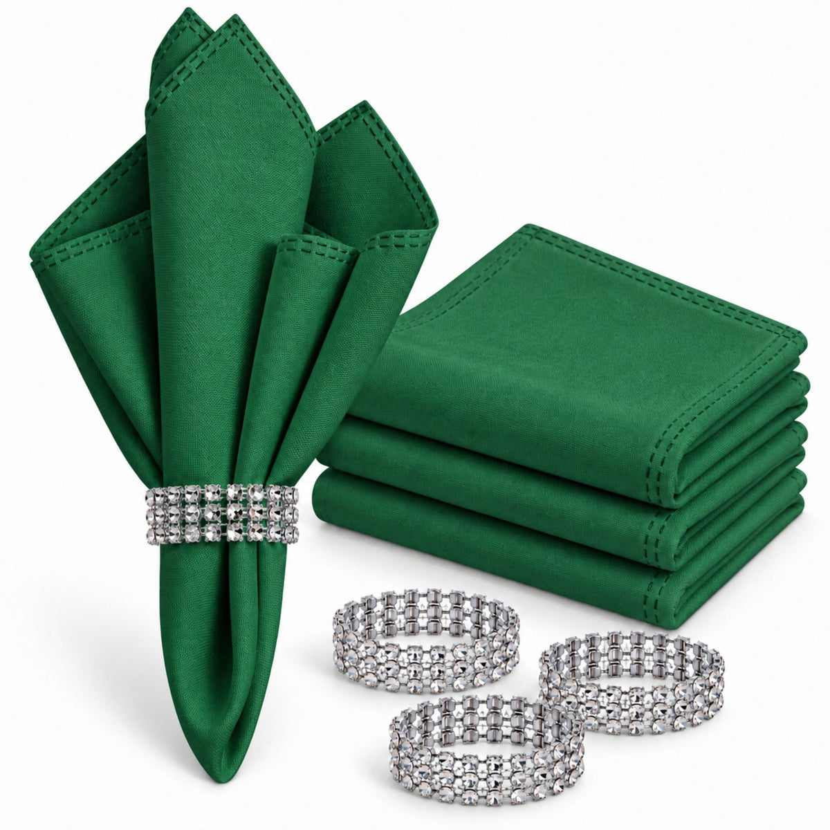 Maison Charlo Set of 4 Green Basic Cloth Napkins 16 × 16 in with Silver Stretchable Napkin Rings