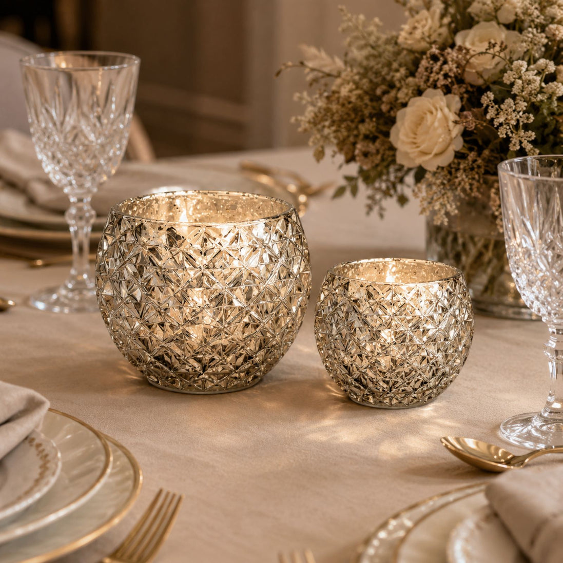 Champagne Silver Glass Candle Holder – Round Decorative Votive 3.15 in dia 2.36"h