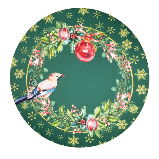 Maison Charlô | Set of 4 Round Placemats Covers Christmas Bird Cloth 14" Dia -Green