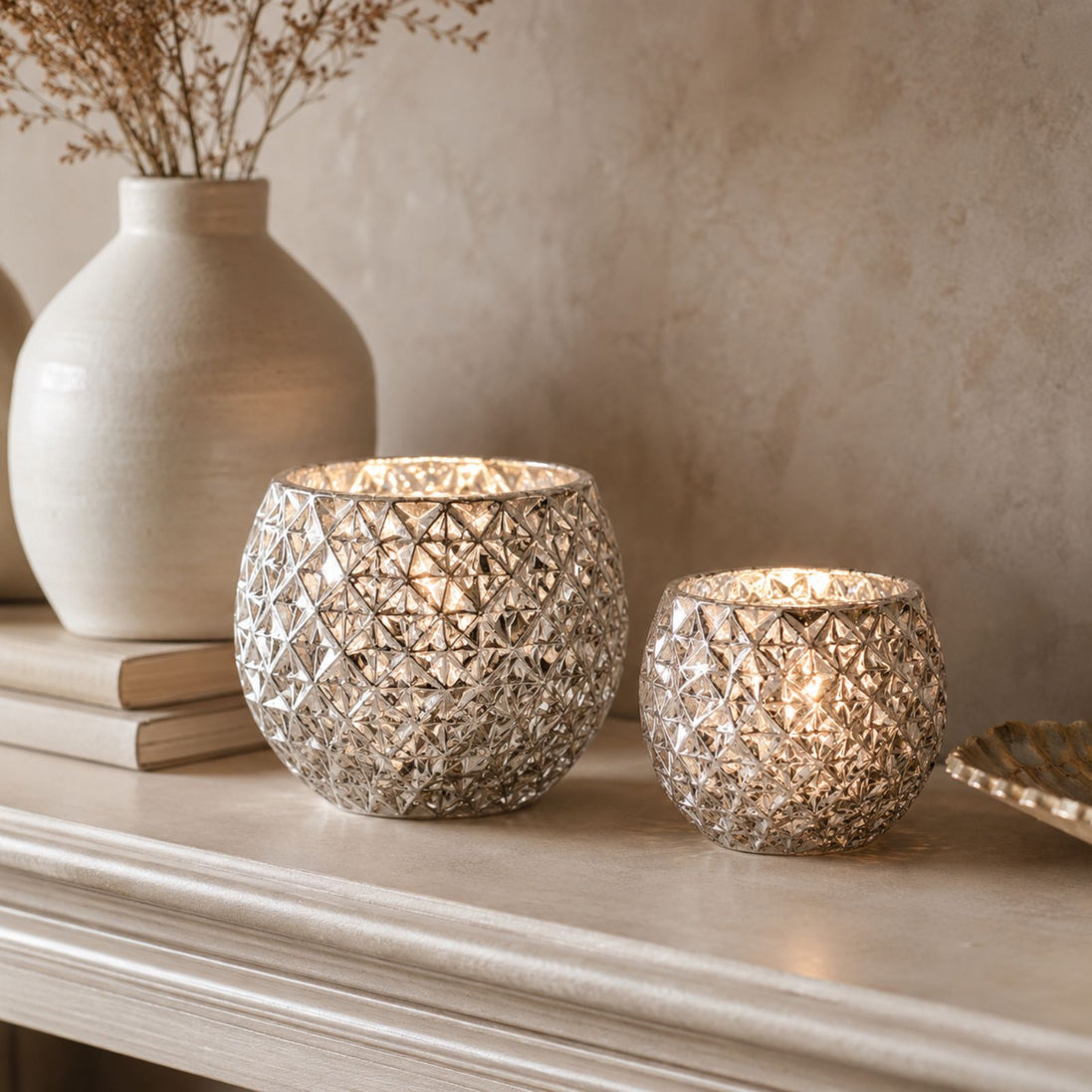 Champagne Silver Glass Candle Holder – Round Decorative Votive 3.15 in dia 2.36"h