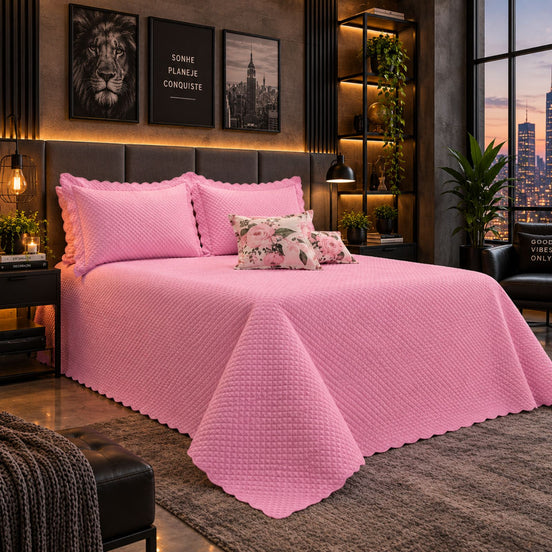 Maison Charlo Soft Florence Reversible Full/Double Bedspread Set – Pink – 5 Pieces