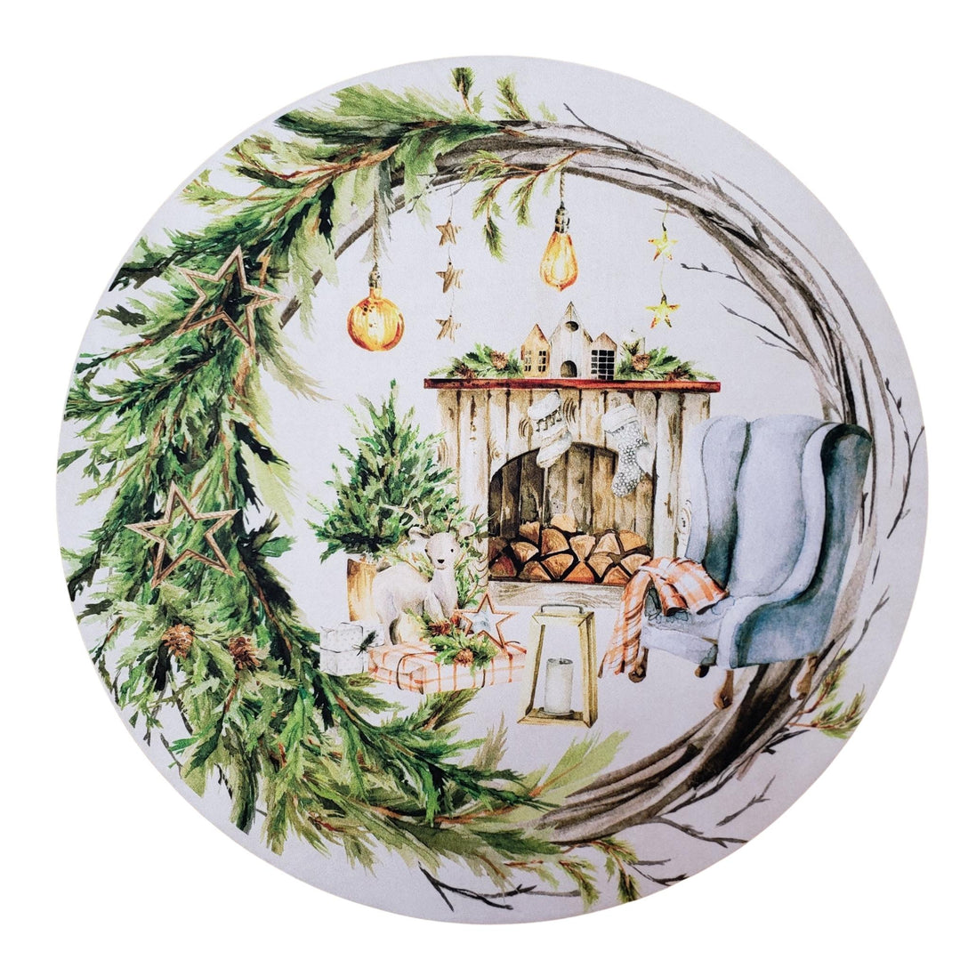 Conjunto de 4 Forros de Jogo Americano Redondos Guirlanda Lareira Pano de Natal 35,5 cm de Diâmetro - Verde