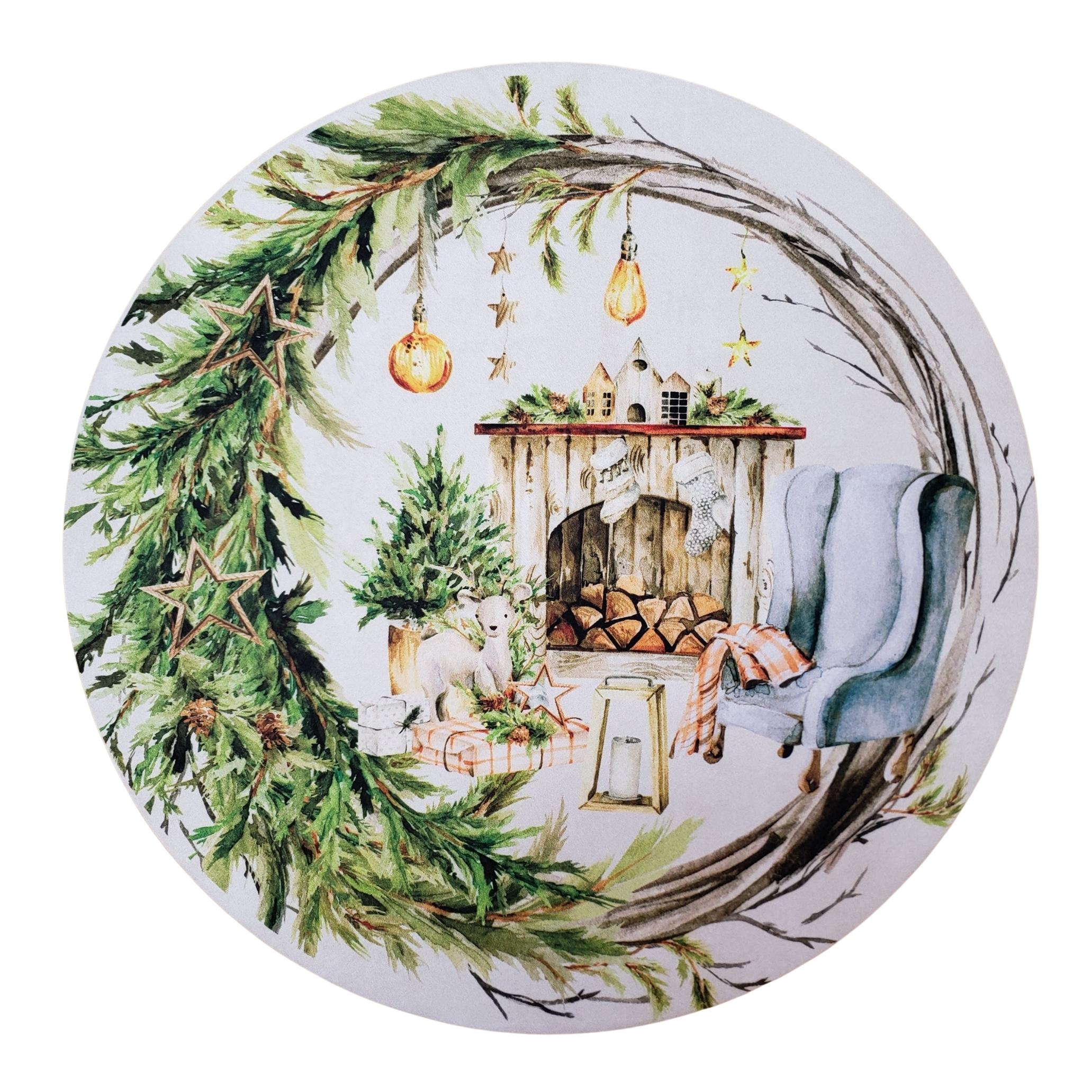 Conjunto de 4 Forros de Jogo Americano Redondos Guirlanda Lareira Pano de Natal 35,5 cm de Diâmetro - Verde