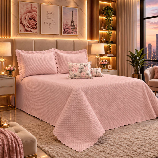 Maison Charlo Soft Florence Reversible Full/Double Bedspread Set – Blush Pink – 5 Pieces