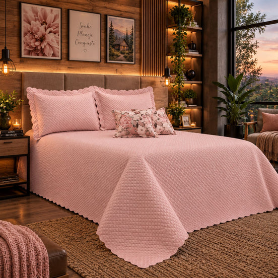 Maison Charlo Soft Florence Reversible Full/Double Bedspread Set – Blush Pink – 5 Pieces