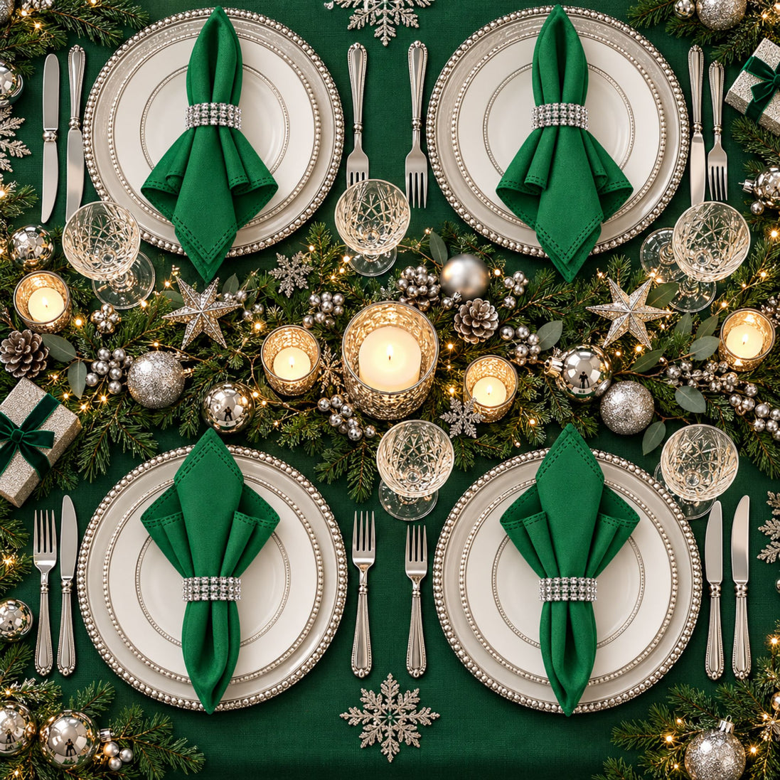 Maison Charlo Set of 4 Green Basic Cloth Napkins 16 × 16 in with Silver Stretchable Napkin Rings