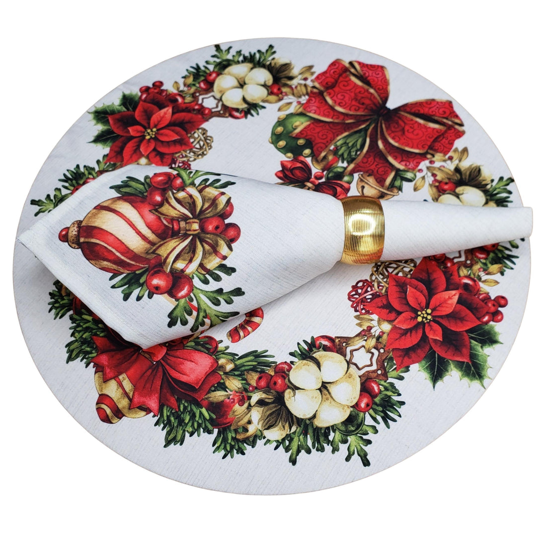 Conjunto de 4 Capas de Sousplat Redondas Guirlanda de Natal Tecido 35,5 cm Diâmetro | Bege
