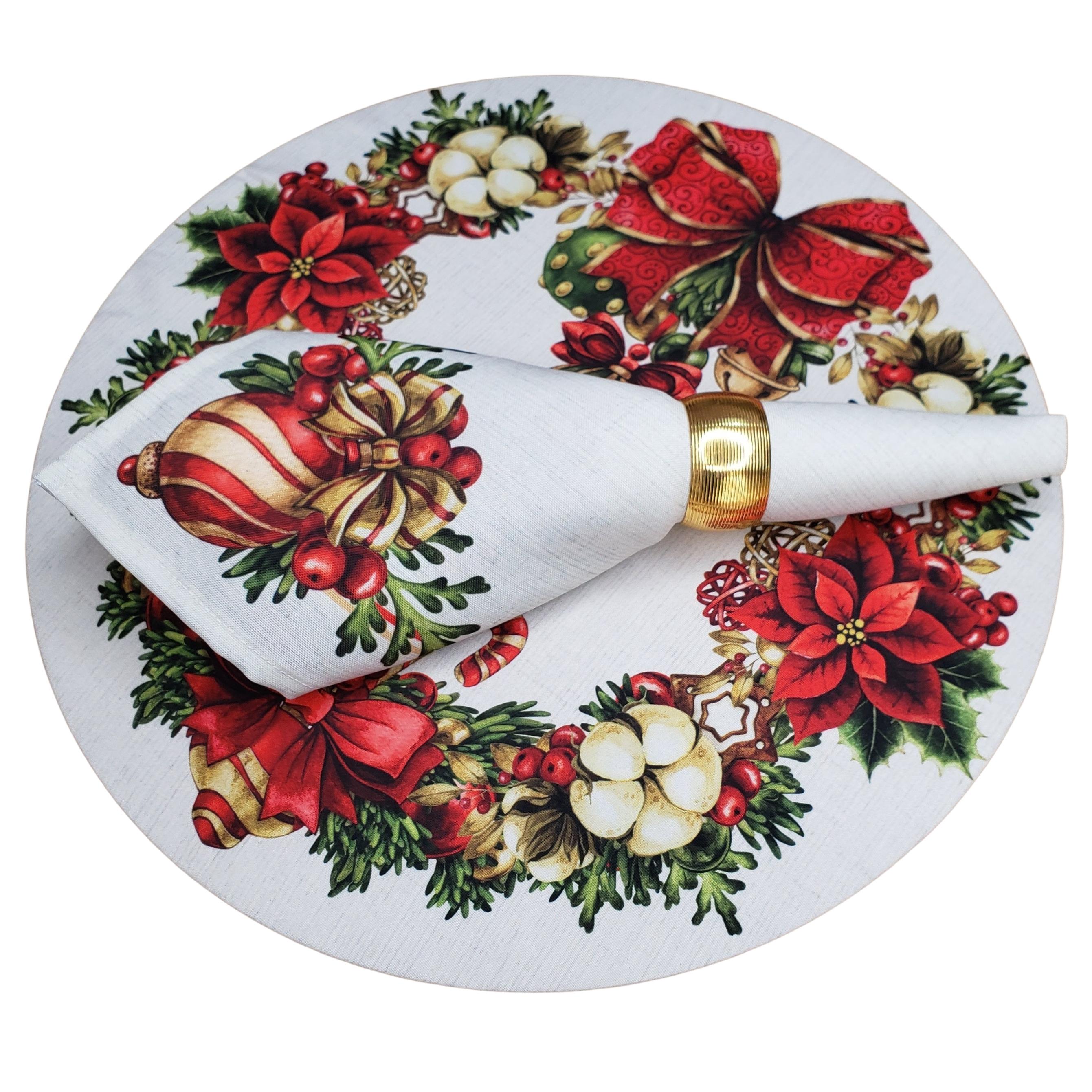 Conjunto de 4 Capas de Sousplat Redondas Guirlanda de Natal Tecido 35,5 cm Diâmetro | Bege
