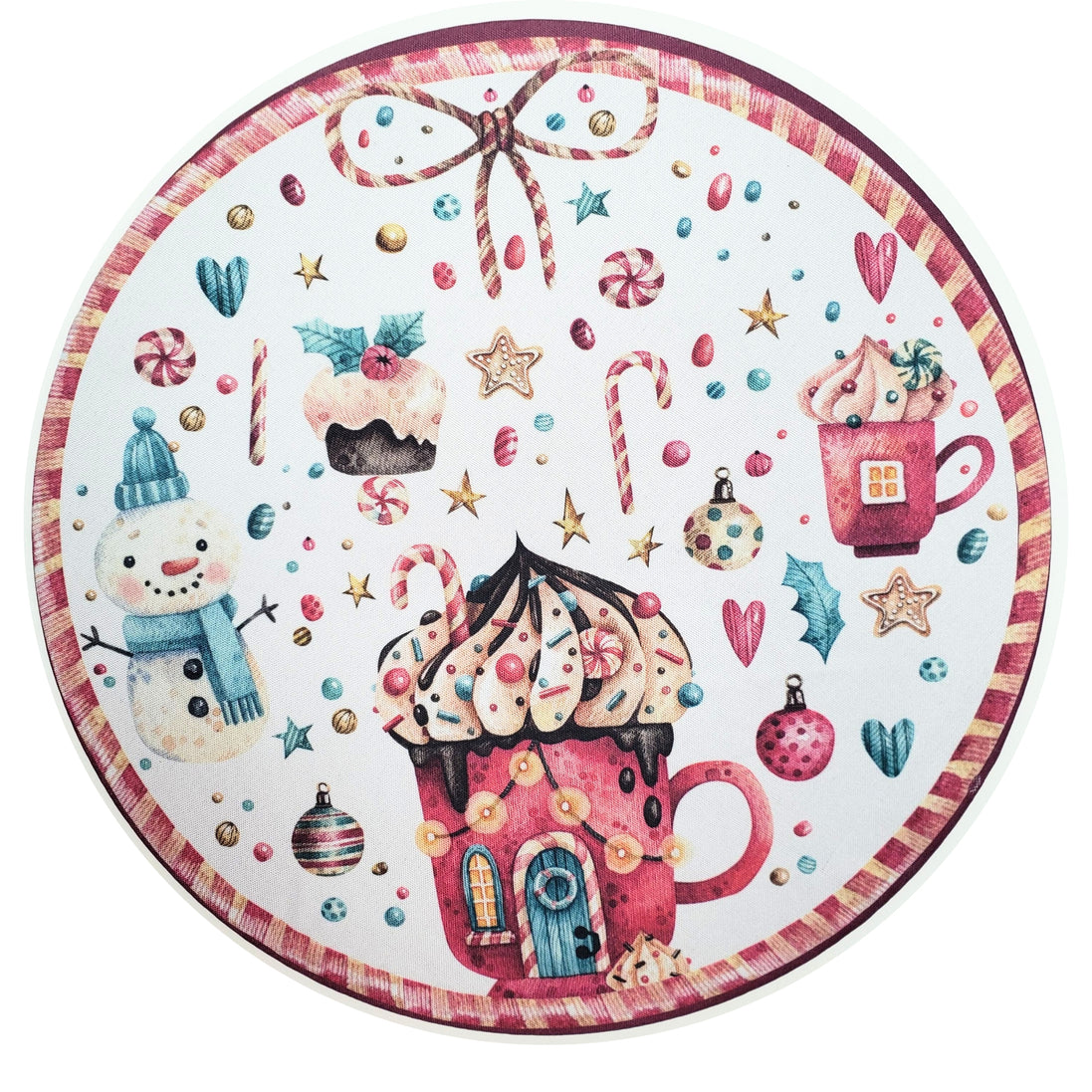 Conjunto com 4 Capas de Sousplat Redondo de Natal Tema Doces 35cm Diâmetro em Tecido Sintético - Branco