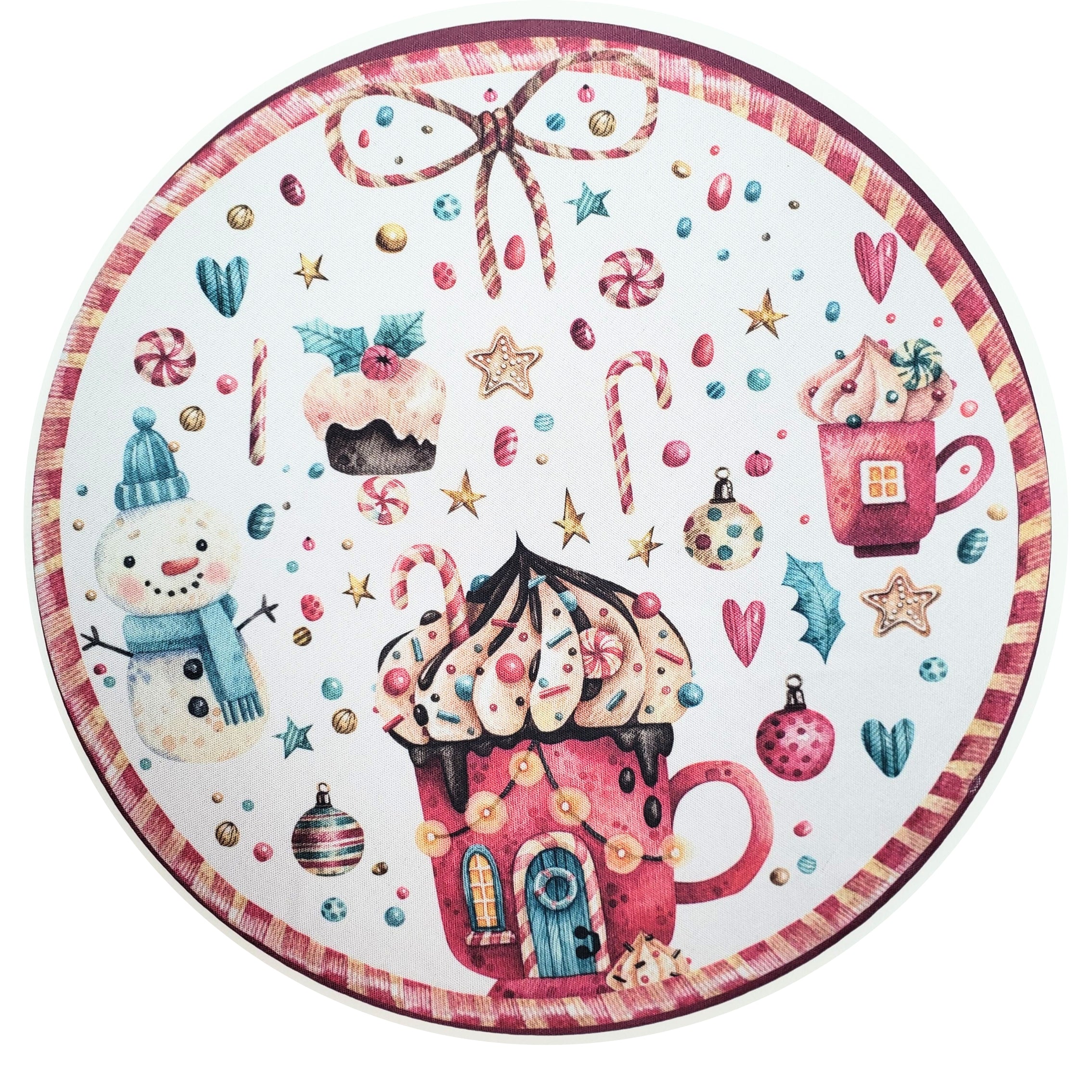 Conjunto com 4 Capas de Sousplat Redondo de Natal Tema Doces 35cm Diâmetro em Tecido Sintético - Branco