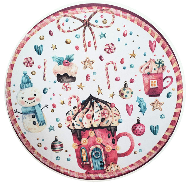 Conjunto com 4 Capas de Sousplat Redondo de Natal Tema Doces 35cm Diâmetro em Tecido Sintético - Branco