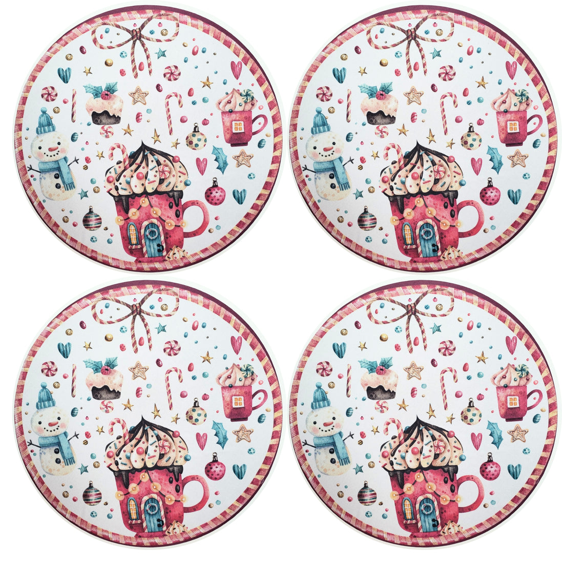 Conjunto com 4 Capas de Sousplat Redondo de Natal Tema Doces 35cm Diâmetro em Tecido Sintético - Branco