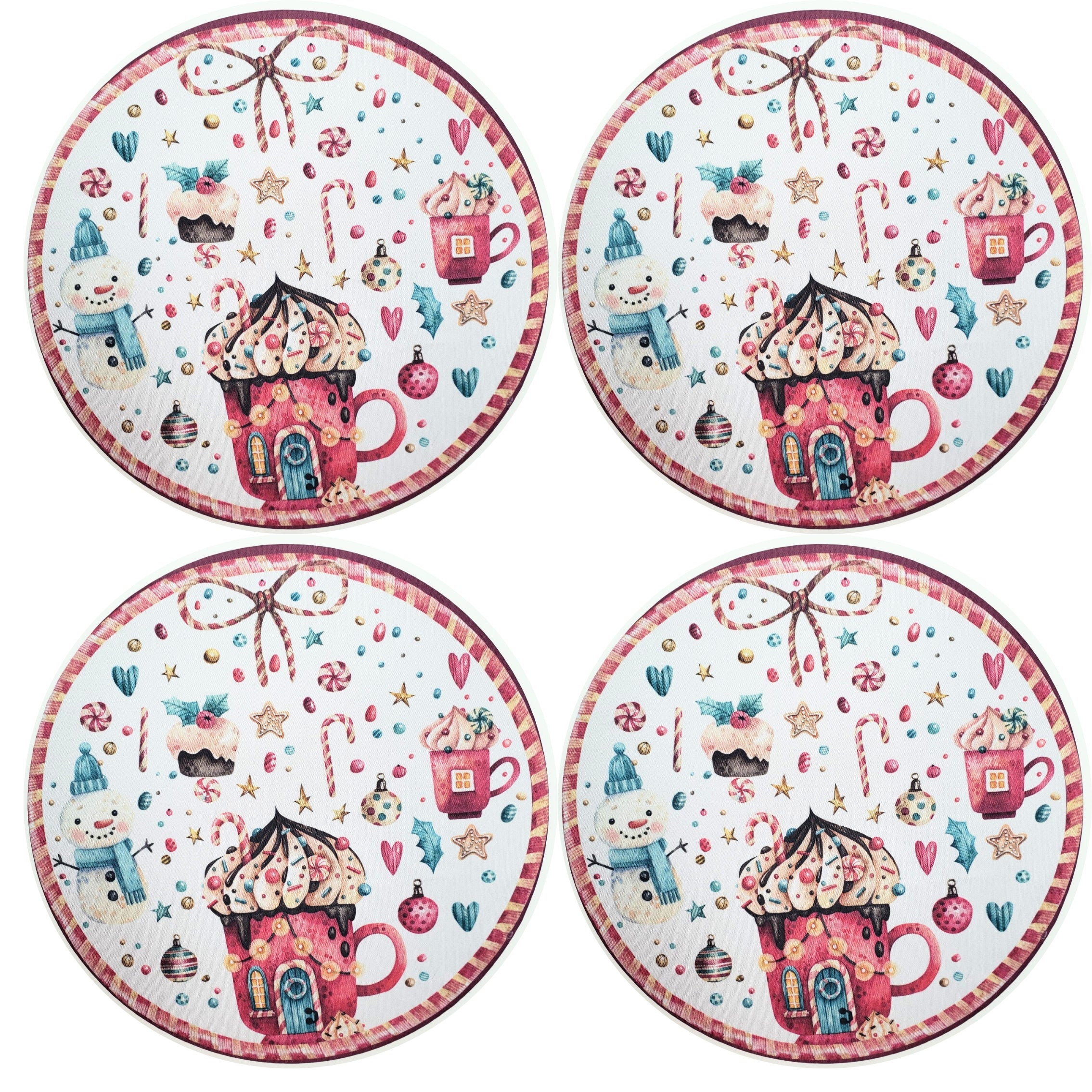 Conjunto com 4 Capas de Sousplat Redondo de Natal Tema Doces 35cm Diâmetro em Tecido Sintético - Branco