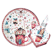 Conjunto com 4 Capas de Sousplat Redondo de Natal Tema Doces 35cm Diâmetro em Tecido Sintético - Branco
